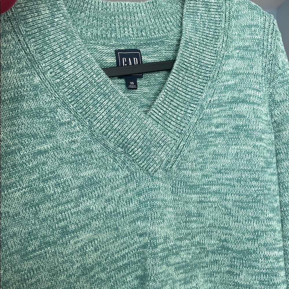 GAP Green Teal 100% Cotton Knit V-Neck Sweater XS - Picture 6 of 6